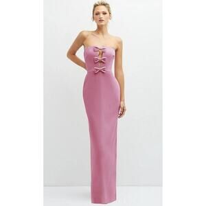 After Six Pink Rhinestone Crystal Trimmed Bow Peek-a-Boo Deep-V Maxi Dress - 0